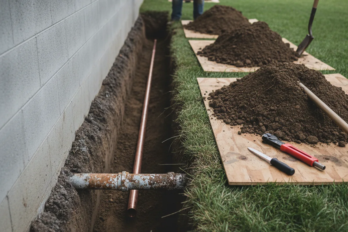 Excavated water line trench during Water Heater Repair in Halifax